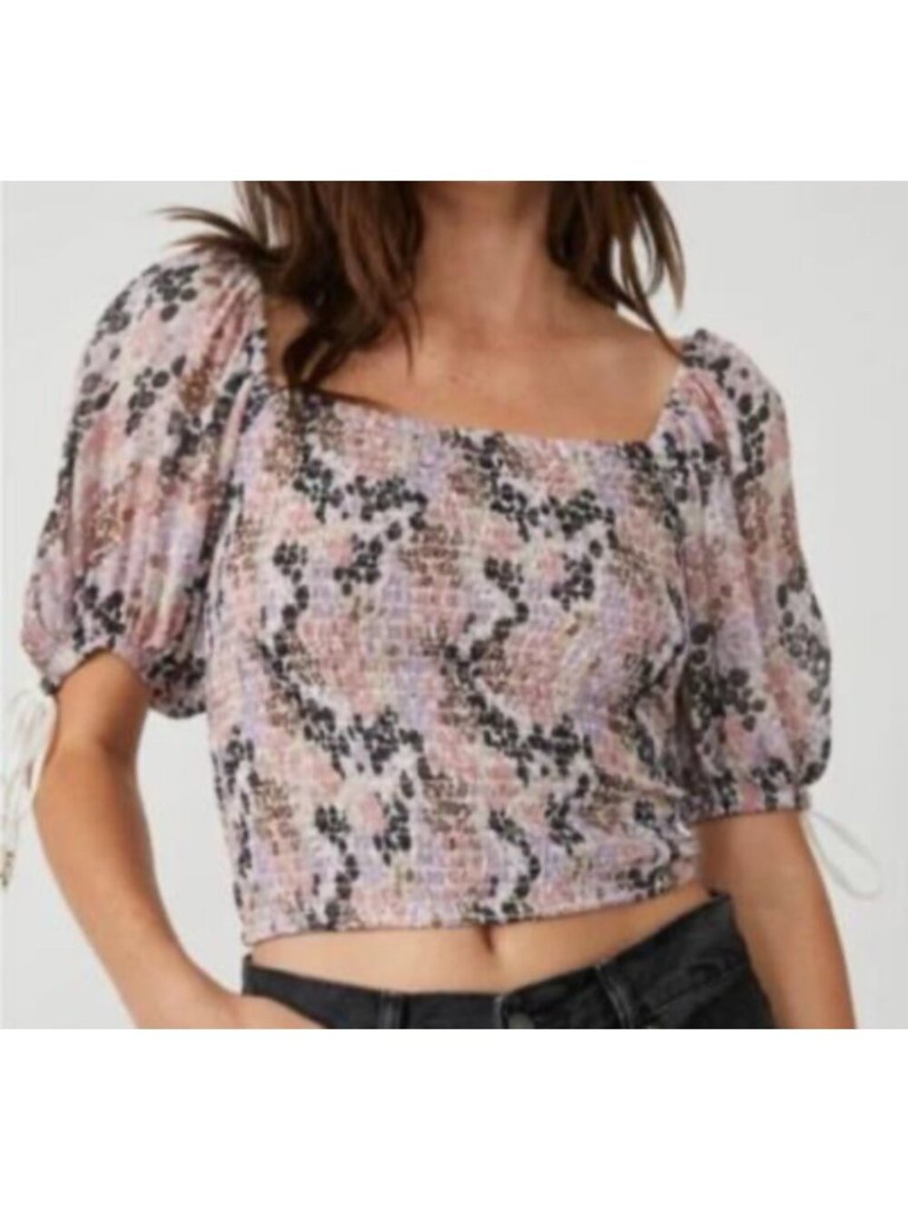 Free People Women's Sz Small Floral Smocked Puff Sleeve Crop Top In Soft Combo